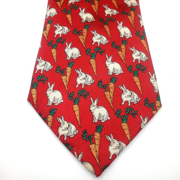 Men's Tie Sanglier Paris 100% Silk Red Rabbit Carrot Pattern Made In France 59"L - Picture 2 of 9